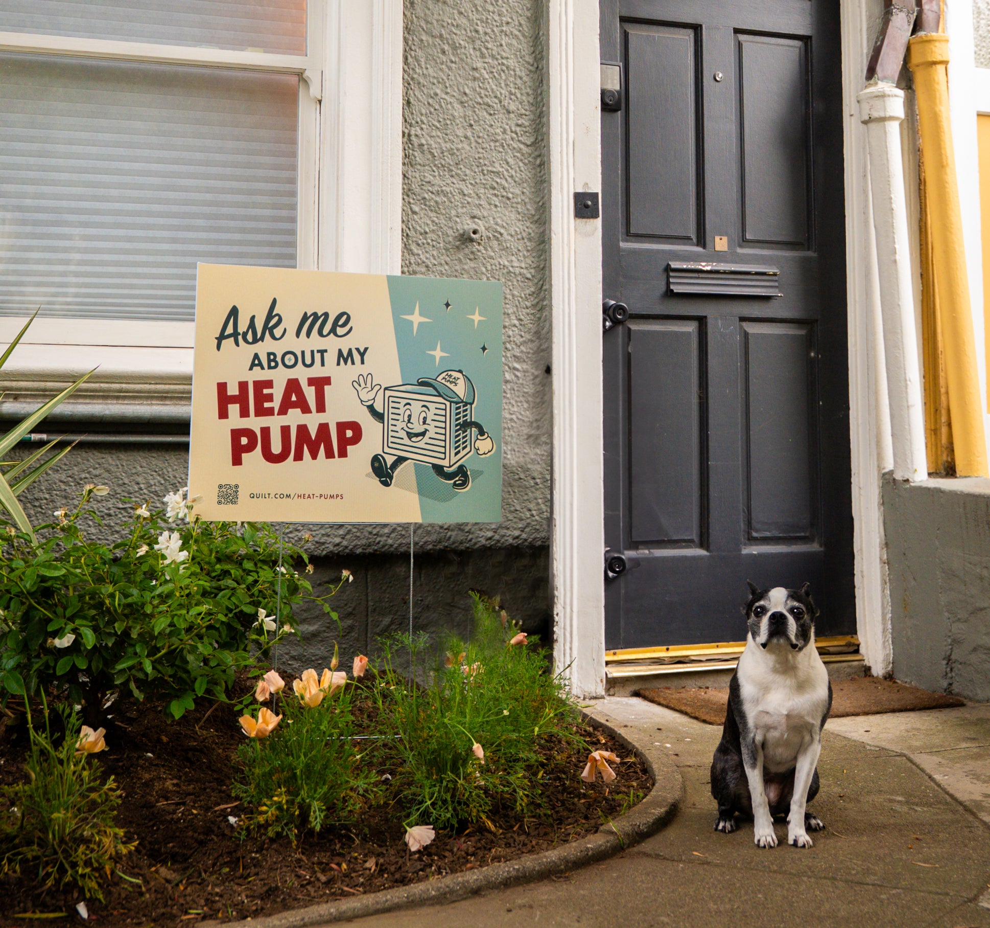 Dog sitting on a porch with a sign asking about heat pump in front of a house.
