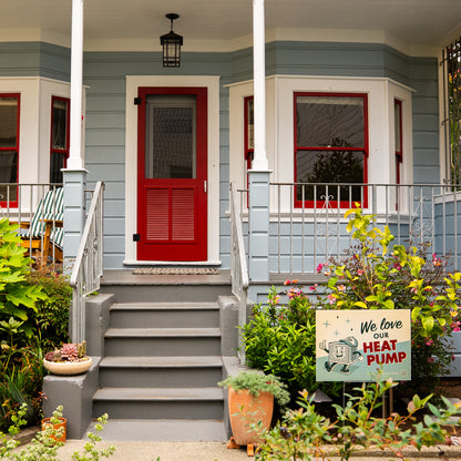 Front of a house with a red door and gray steps, featuring a 'We love our heat pump' sign.