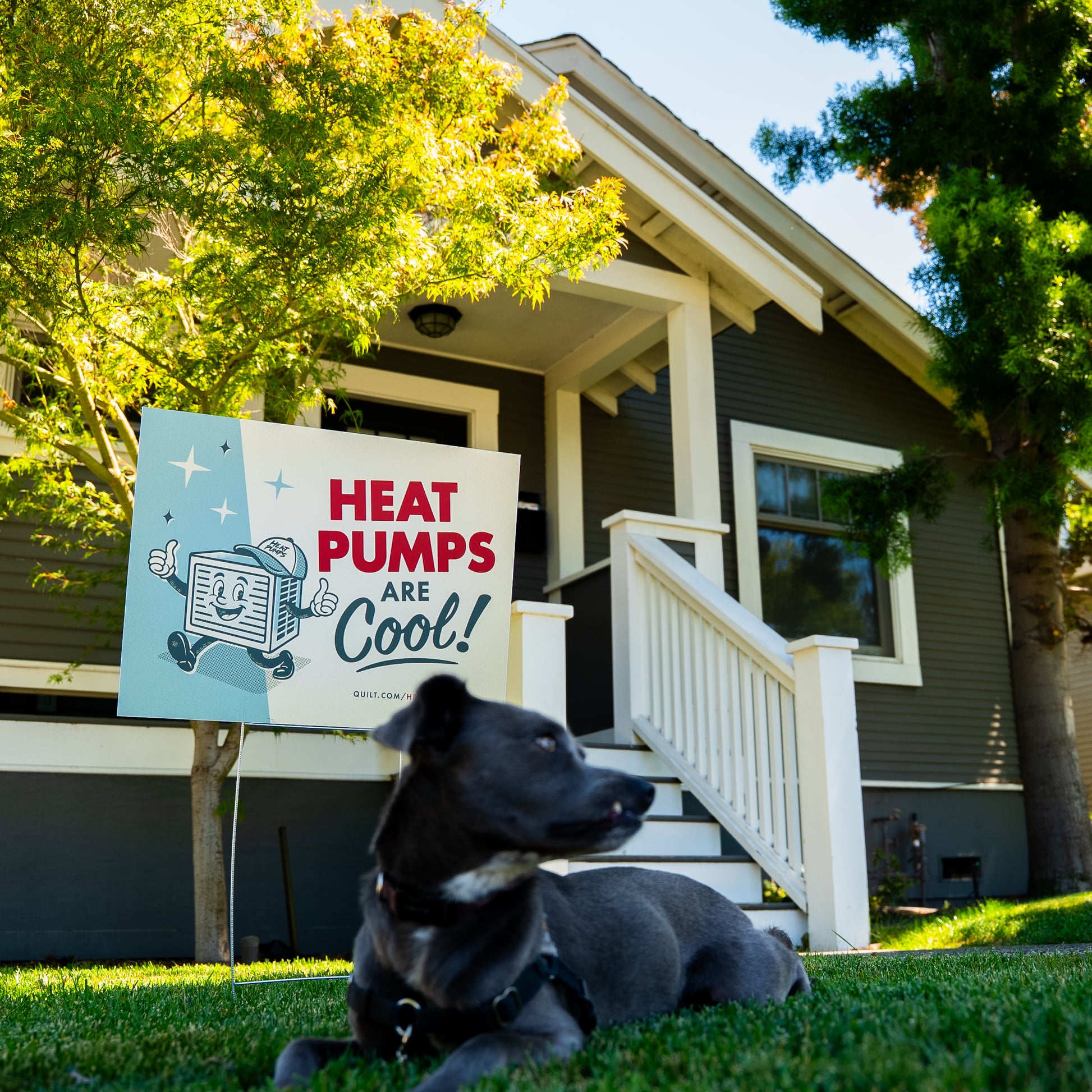 Dog lying on grass in front of a house with a 'Heat Pumps Are Cool!' sign.